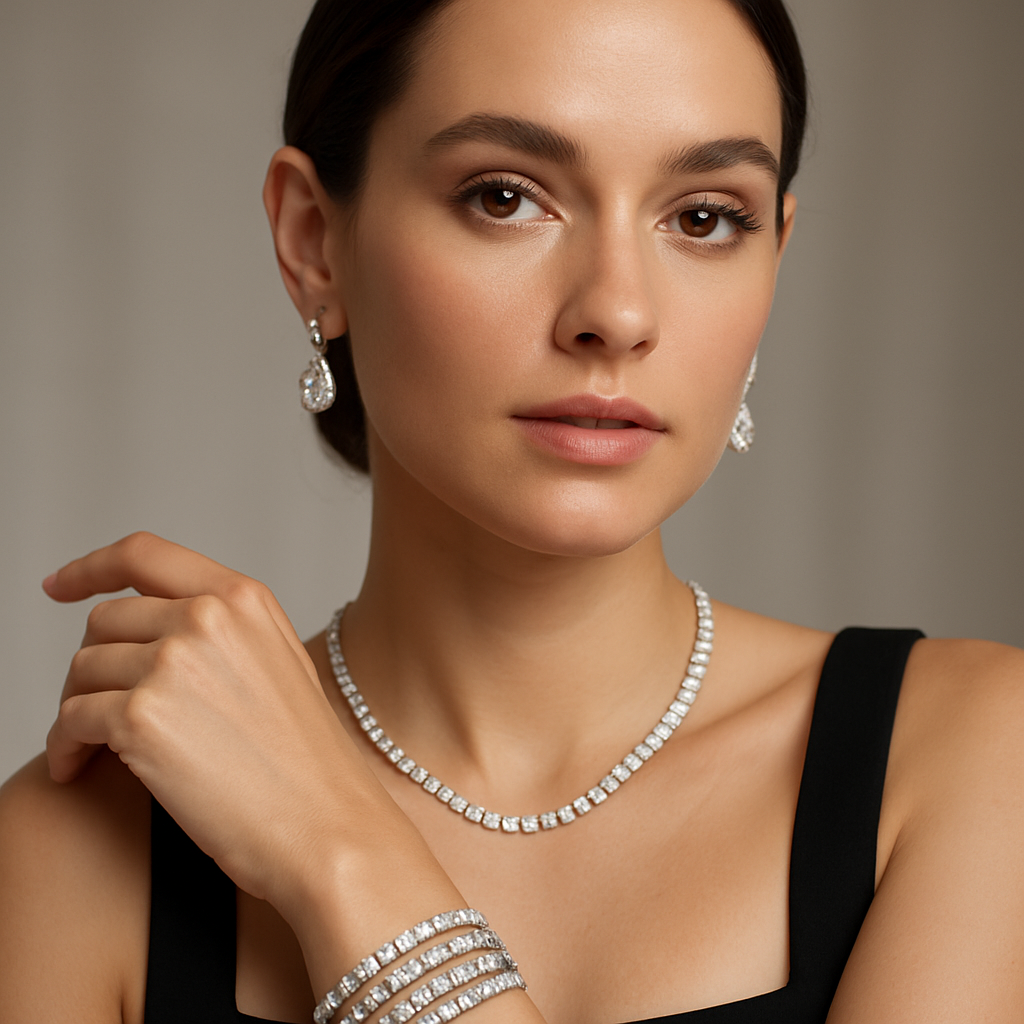 A model wearing regular diamond jewelry necklace, earrings, and stacked bangles.