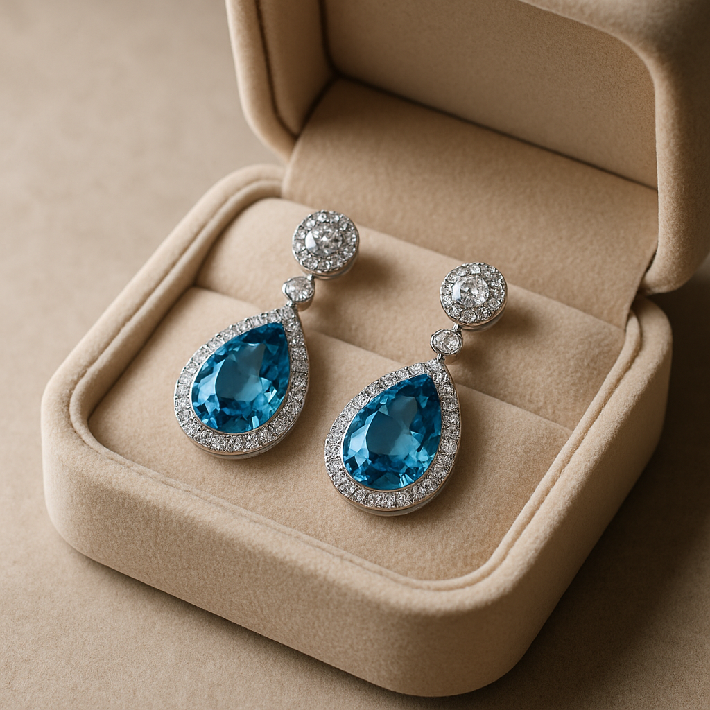 fine jewelry Omaha gemstone earrings in a jewelry case that is photographed prof