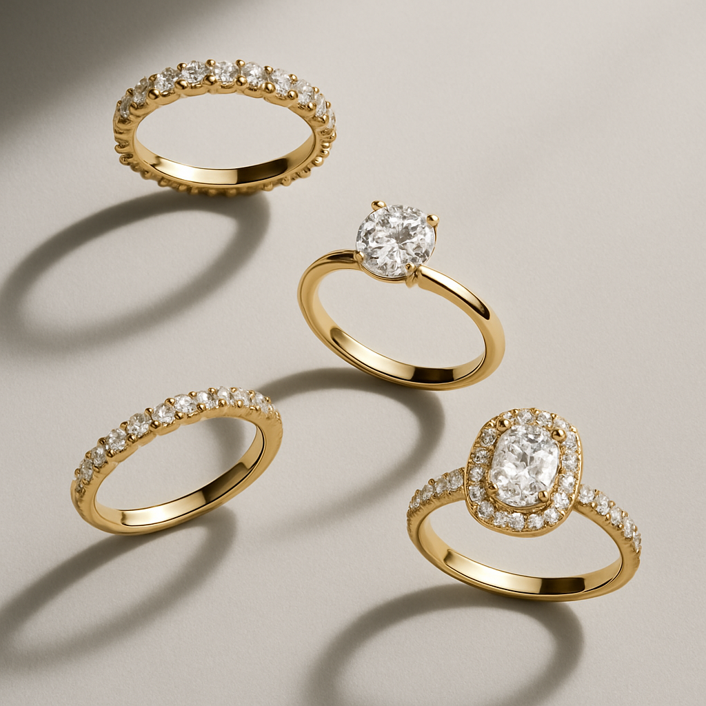 A professionally captured image with a modern feel of 4 different gold and diamo