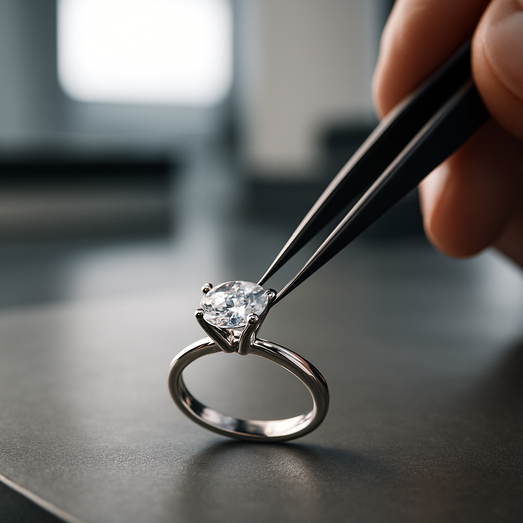 A beautiful, REAL looking, diamond ring that is being repaired witht the tweaser